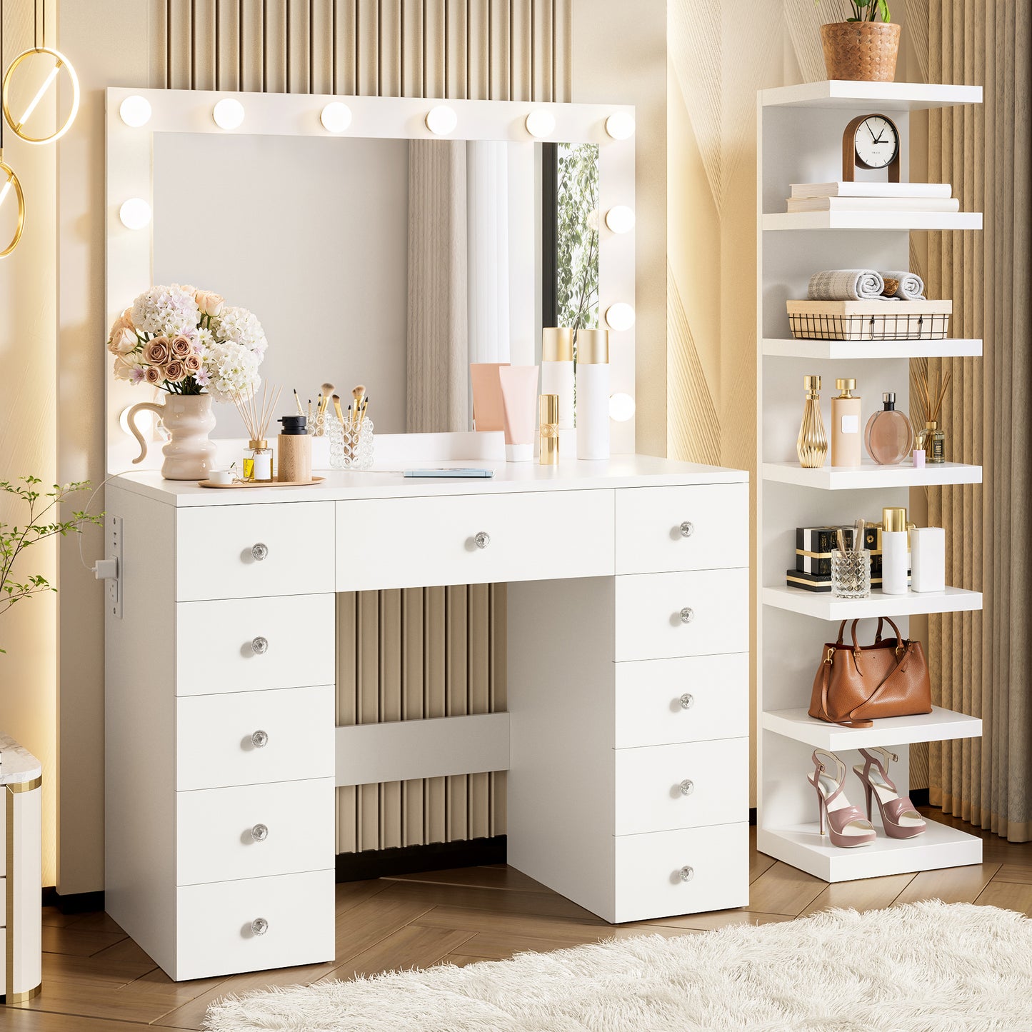 White Makeup Vanity with 11 Drawers & Shelf - Small Bedroom Storage