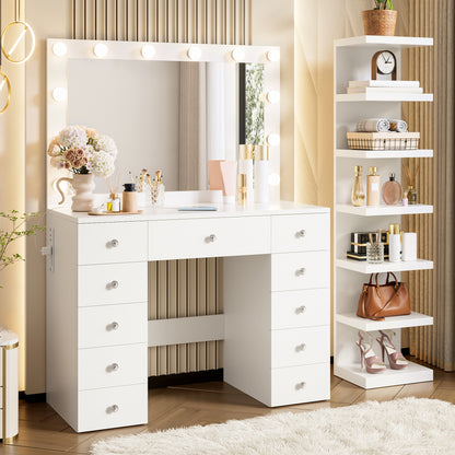 White Makeup Vanity with 11 Drawers & Shelf - Small Bedroom Storage