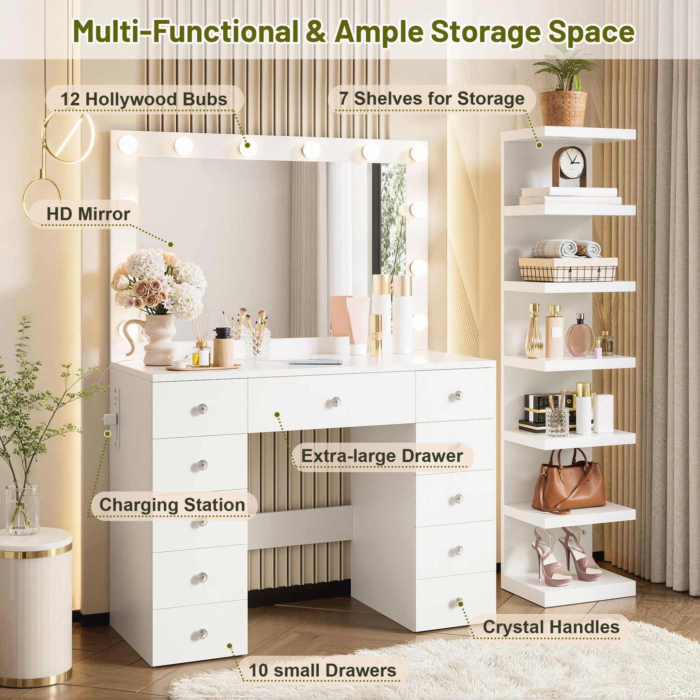 White Makeup Vanity with 11 Drawers & Shelf - Small Bedroom Storage