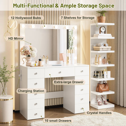 White Makeup Vanity with 11 Drawers & Shelf - Small Bedroom Storage