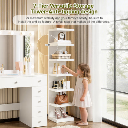 White Makeup Vanity with 11 Drawers & Shelf - Small Bedroom Storage