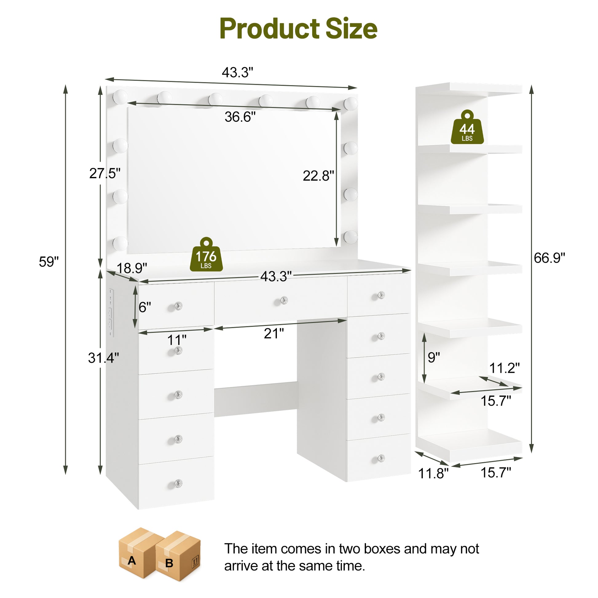 White Makeup Vanity with 11 Drawers & Shelf - Small Bedroom Storage