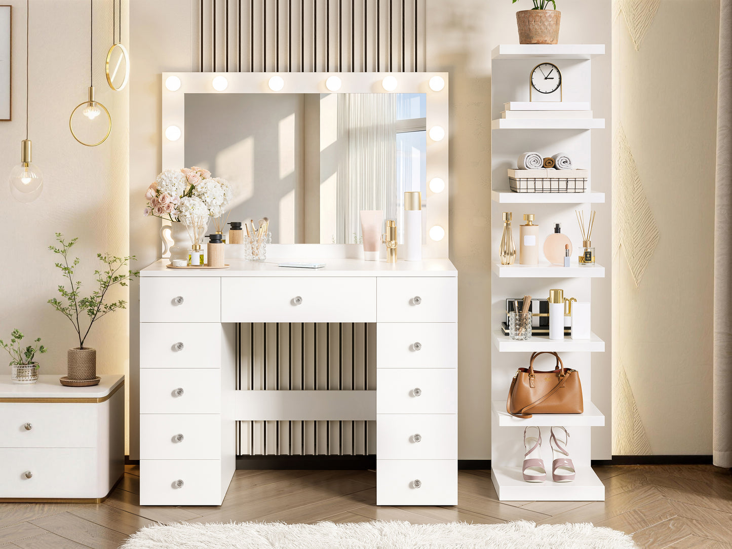 White Makeup Vanity with 11 Drawers & Shelf - Small Bedroom Storage