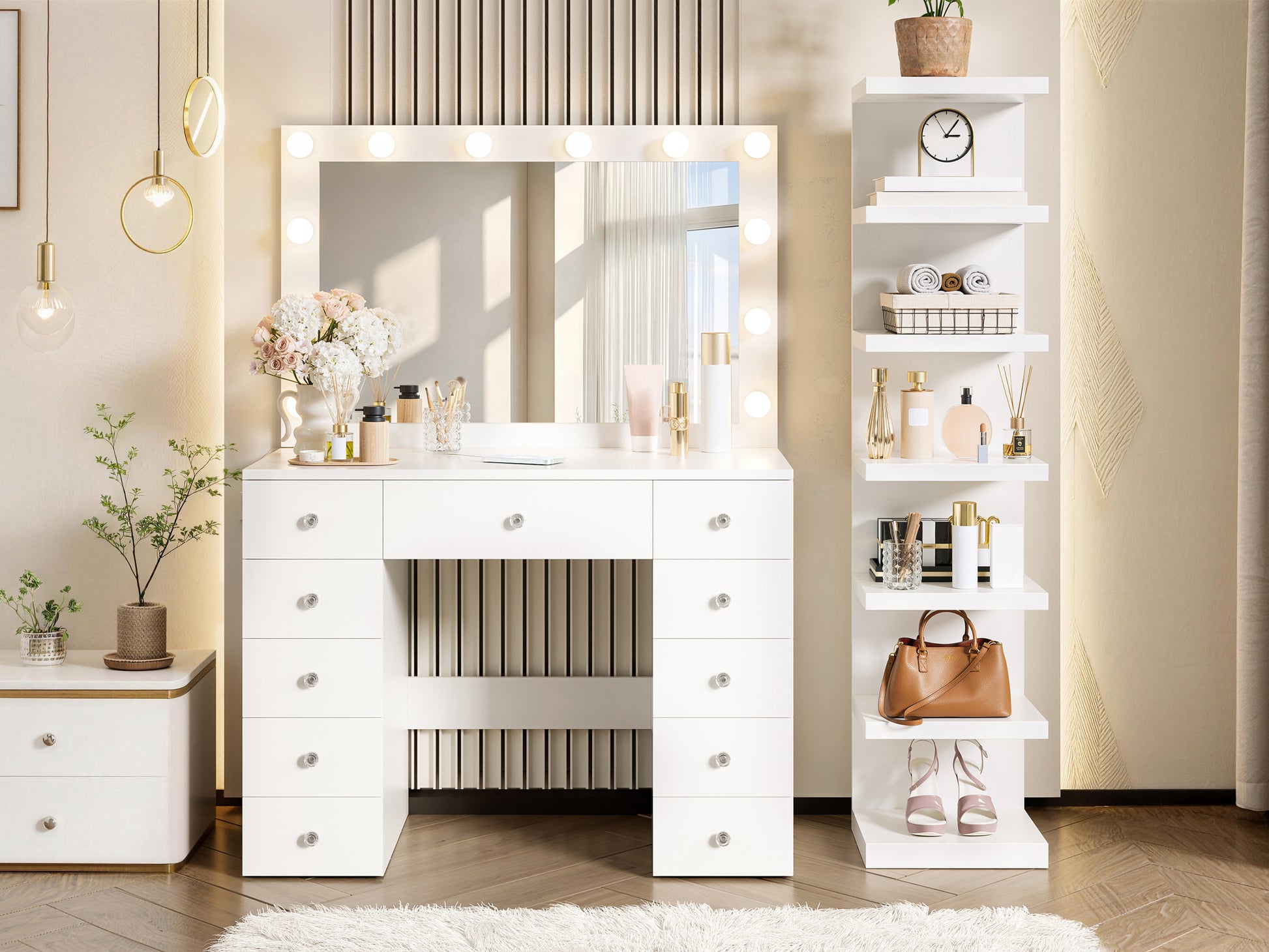 White Makeup Vanity with 11 Drawers & Shelf - Small Bedroom Storage