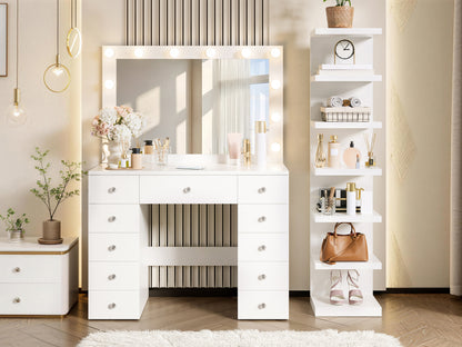 White Makeup Vanity with 11 Drawers & Shelf - Small Bedroom Storage