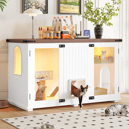 47.25" Large Cat Litter Box Enclosure with LED Light, Hidden Litter Box Furniture, Cat House with Stairs and Cat Scratching Post, Cat Cabinet Side Table with Smart Doors for Living Room, White