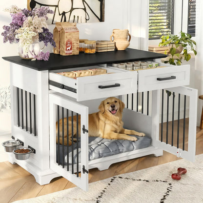 44.48" Large Dog Crate Furniture, Indoor Wooden Dog Kennel End Table with 2 Storage Drawers and Rotating Bowls, Decorative Pet Cage Dog House for Medium Dogs, White  and Black