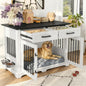 44.48" Large Dog Crate Furniture, Indoor Wooden Dog Kennel End Table with 2 Storage Drawers and Rotating Bowls, Decorative Pet Cage Dog House for Medium Dogs, White  and Black