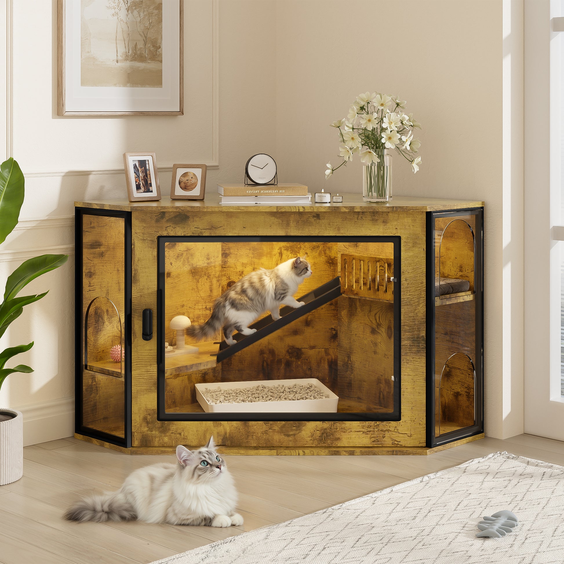 48" Corner Cat Litter Box Enclosure, Modern Hidden Litter Box Corner Cabinet with Acrylic Door and LED Light, Cat House with Playground and Stairs, Tiger