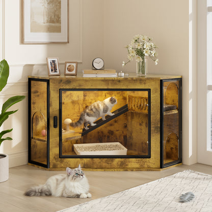48" Corner Cat Litter Box Enclosure, Modern Hidden Litter Box Corner Cabinet with Acrylic Door and LED Light, Cat House with Playground and Stairs, Tiger