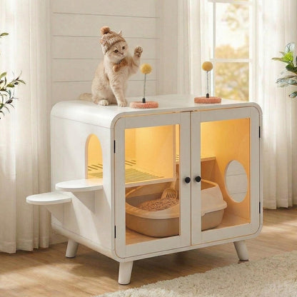 Cat Hidden Litter Box Enclosure with RGB LED Light, Cat House with Stairs and Cat Pom-pom Toys for Fun, Cat Washroom Cabinet with Litter Leak Walkway and Glass Doors for Better View,White