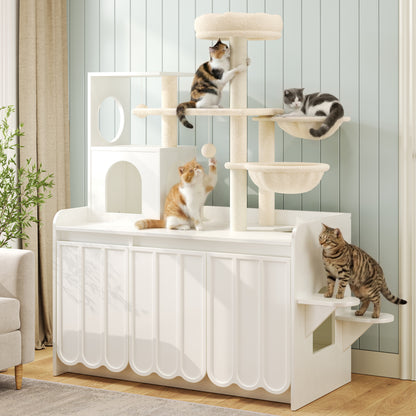 50.6"  Cat Tree with Litter Box Enclosure, 5Cat Tower with Sisal Scratching Post and Storage Space, Hidden Litter Enclosure Furniture, All-in-One Modern Cat Condo with House, Hammock and Perch, White