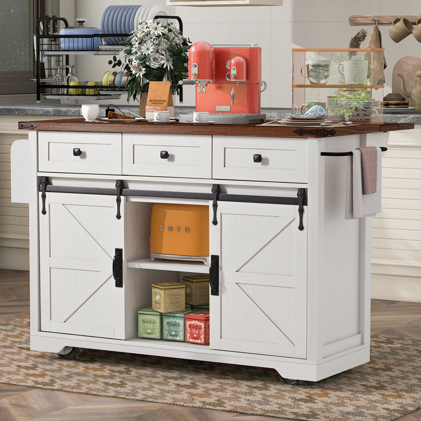 K&K 53.7" Farmhouse Kitchen Island with Power Outlet, 2 Sliding Barn Door Kitchen Storage Island with Drop Leaf, Spice Rack Rolling Kitchen Cart on Wheels, for Home, Kitchen and Dining Room, White