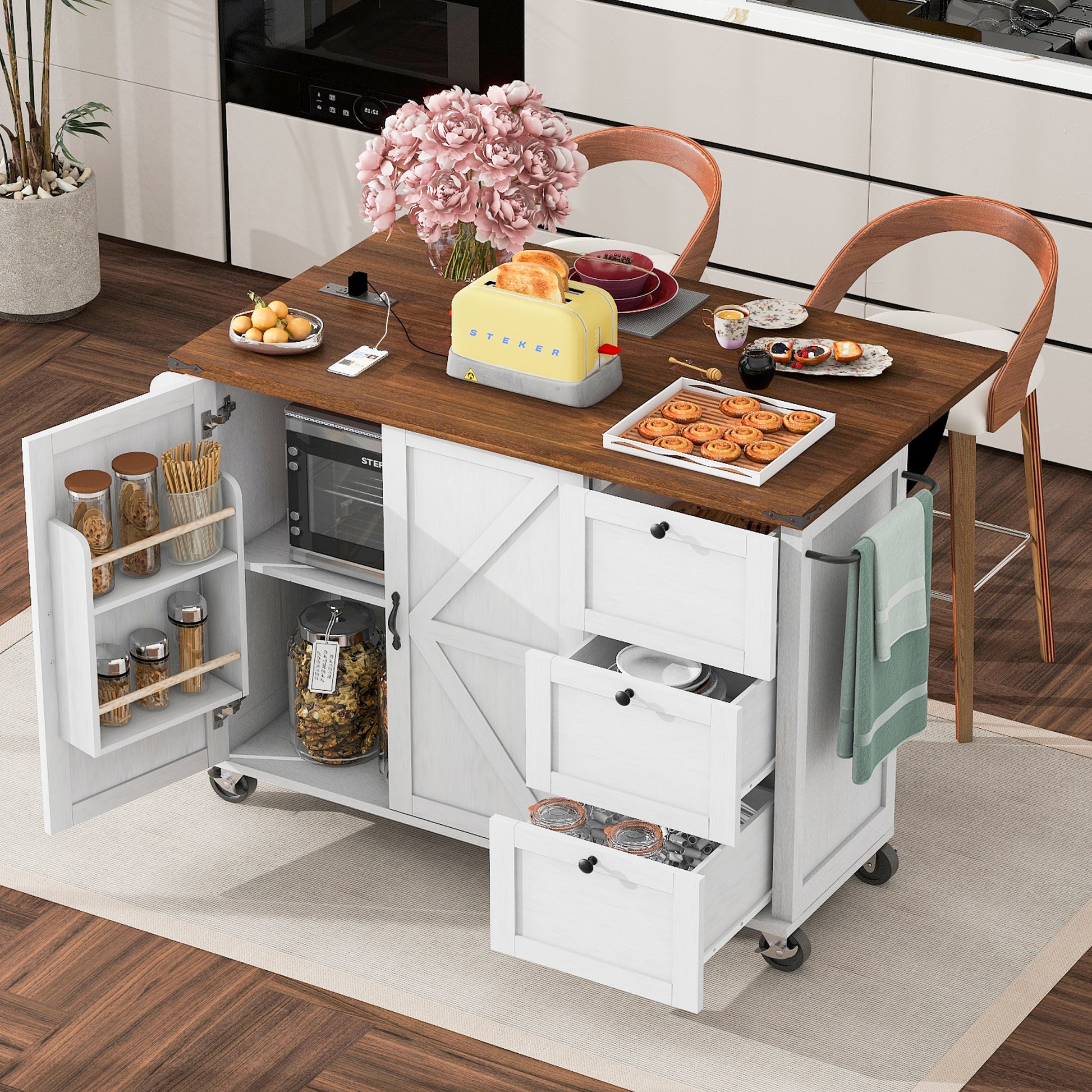 K&K 54.5" Farmhouse Kitchen Island with Power Outlet, Kitchen Storage Island  with Internal Storage Rack, Drop Leaf, Spice Rack, Rolling Kitchen Cart on Wheels, for Home, Kitchen and Dining Room,White