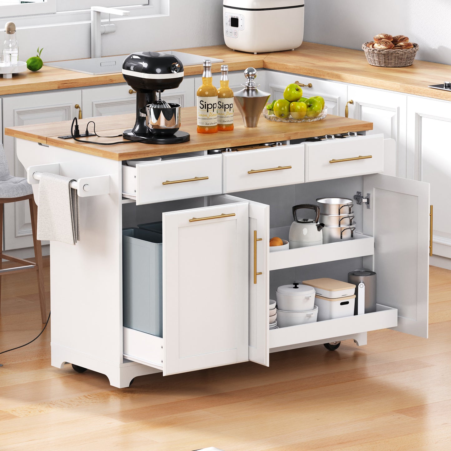 59.3" Kitchen Island with Storage - White Rubber Wood Drop Leaf for Dining Room