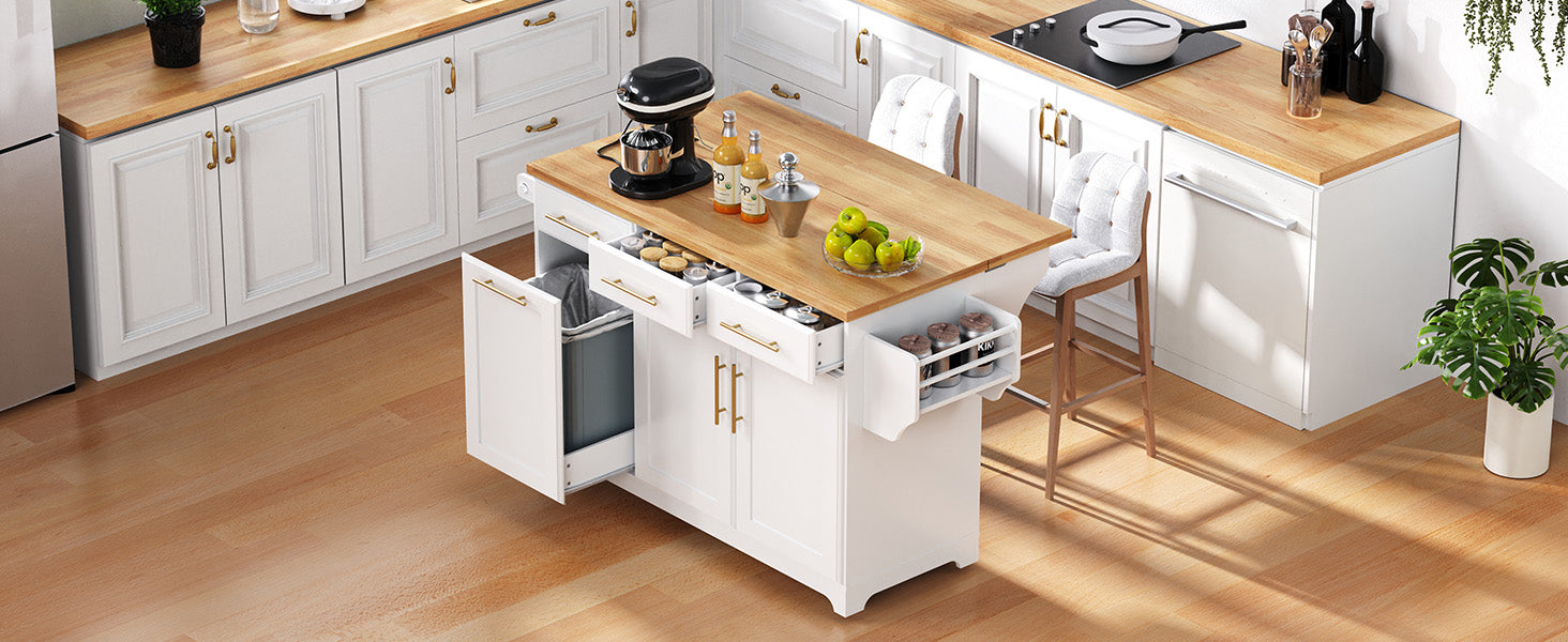 59.3" Kitchen Island with Storage - White Rubber Wood Drop Leaf for Dining Room