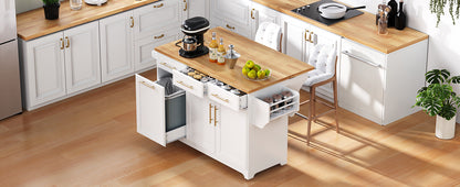 59.3" Kitchen Island with Storage - White Rubber Wood Drop Leaf for Dining Room