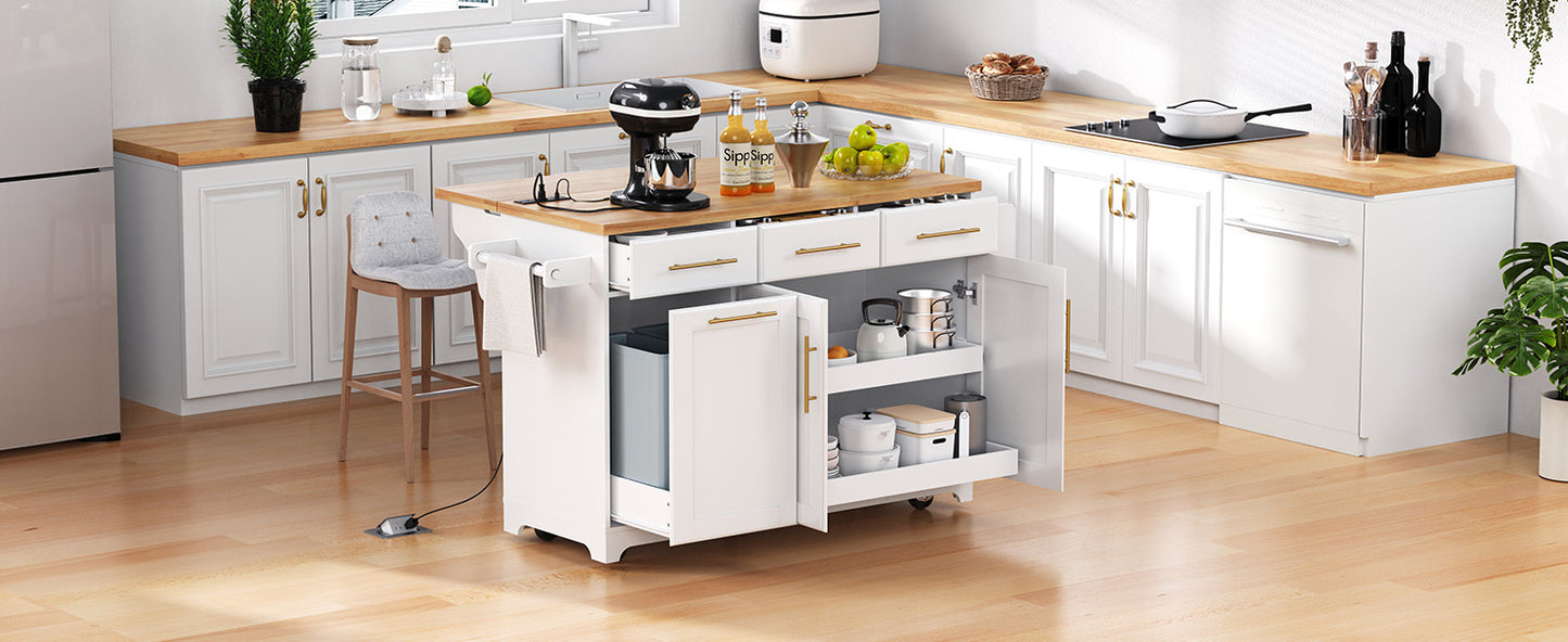 59.3" Kitchen Island with Storage - White Rubber Wood Drop Leaf for Dining Room