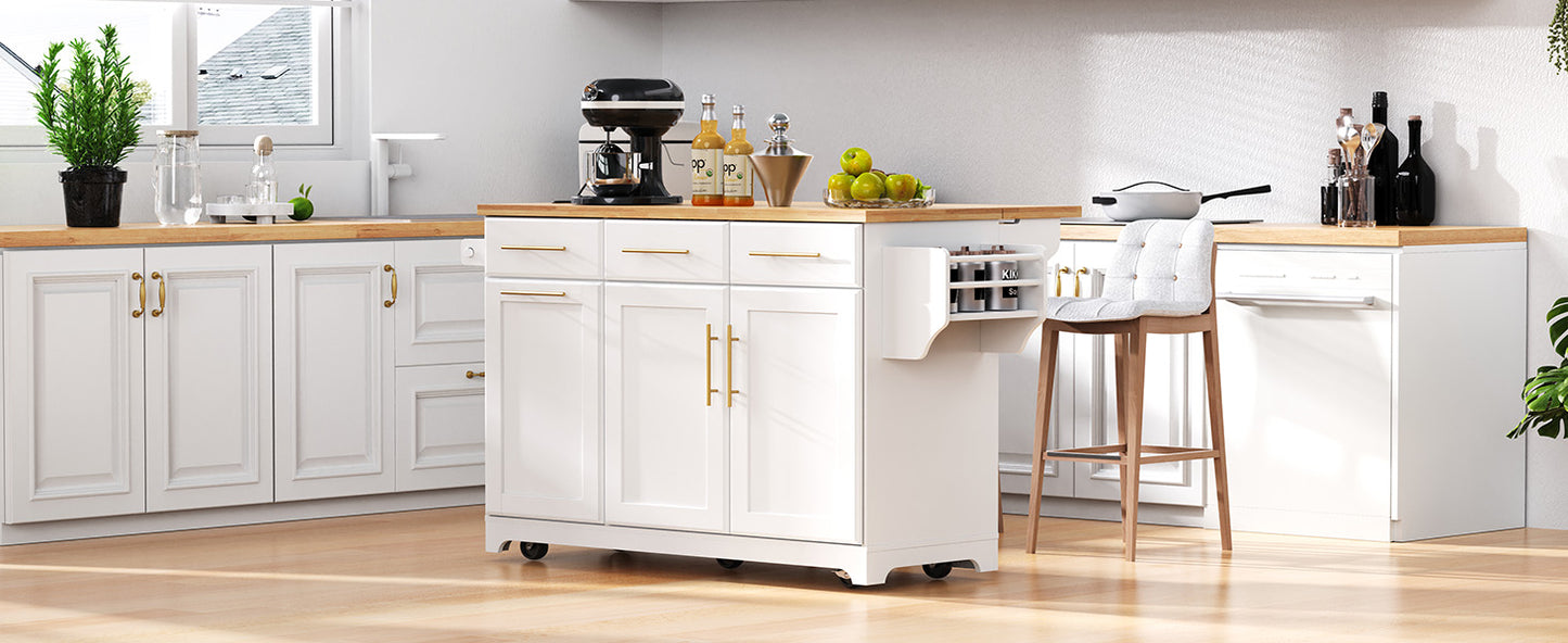 59.3" Kitchen Island with Storage - White Rubber Wood Drop Leaf for Dining Room