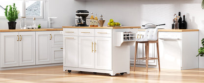 59.3" Kitchen Island with Storage - White Rubber Wood Drop Leaf for Dining Room