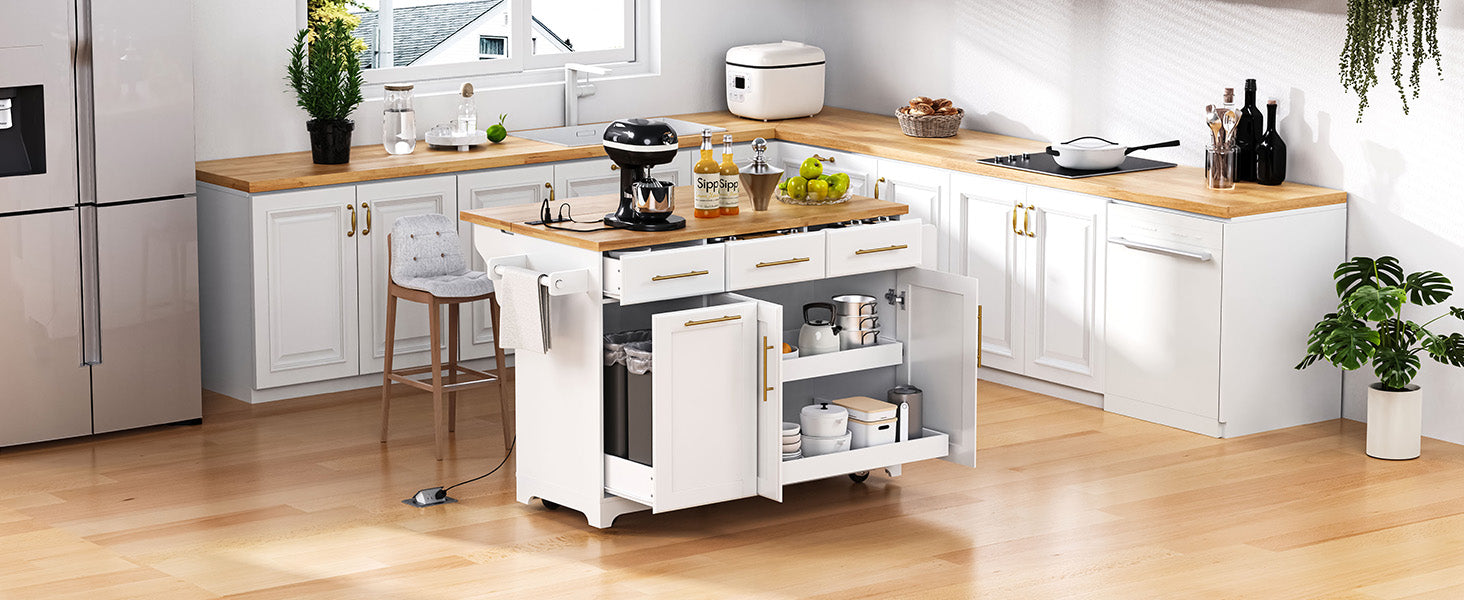 59.3" Kitchen Island with Storage - White Rubber Wood Drop Leaf for Dining Room