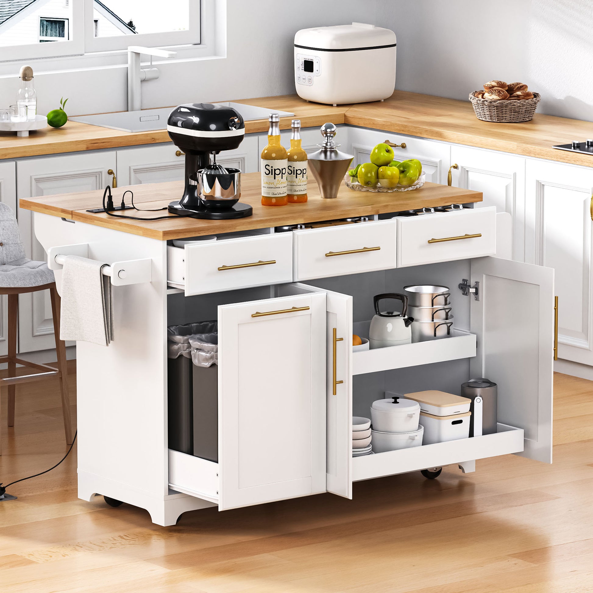 K&K 59.3" Kitchen Island with Storage 2 Pull Out Cabinet Organizers & Rubber Wood Drop Leaf, Rolling Kitchen Island with Trash Can Storage, Power Outlet, Spice & Towel Rack for Kitchen, Dining, White