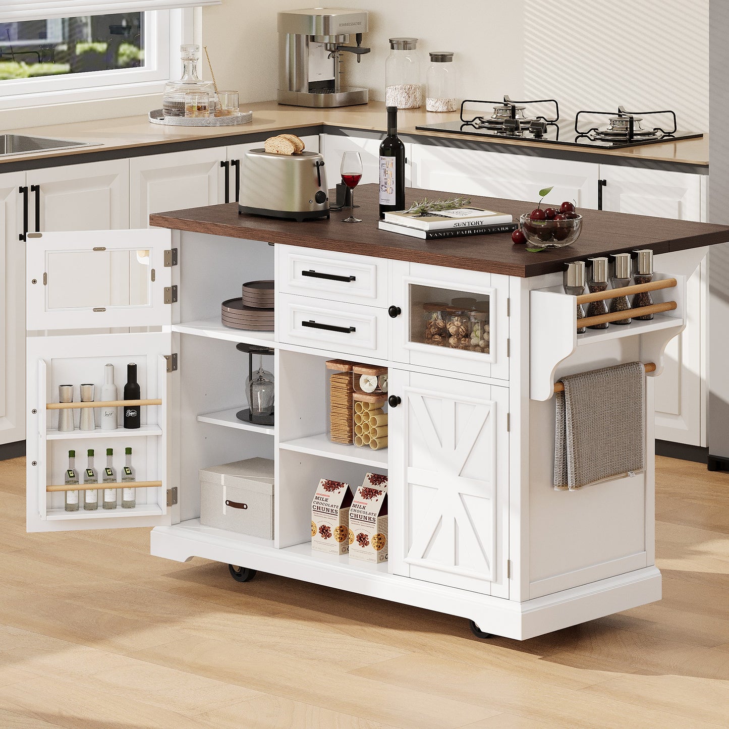 K&K 54.9" Kitchen Island with Drop Leaf, Power Outlet, Kitchen Storage Cart with 4 Door Shelves, Cross Barn Doors & Visual Glass Door, Rolling Kitchen Island on 4 Wheels for Kitchen, Dining Room,White