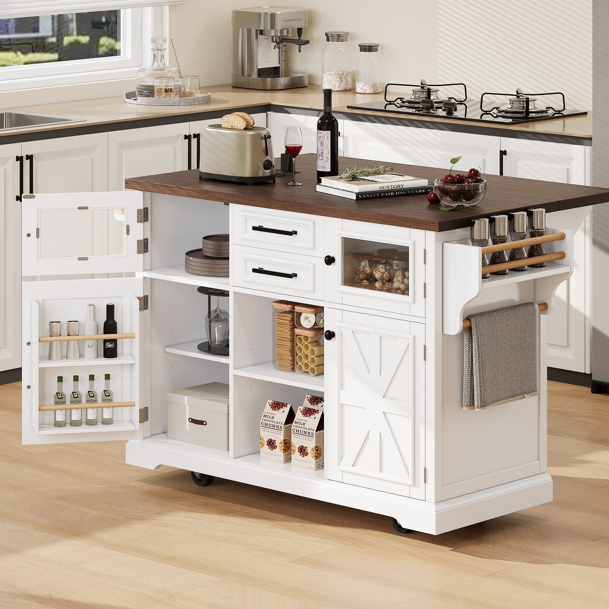 K&K 54.9" Kitchen Island with Drop Leaf, Power Outlet, Kitchen Storage Cart with 4 Door Shelves, Cross Barn Doors & Visual Glass Door, Rolling Kitchen Island on 4 Wheels for Kitchen, Dining Room,White