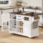 K&K 54.9" Kitchen Island with Drop Leaf, Power Outlet, Kitchen Storage Cart with 4 Door Shelves, Cross Barn Doors & Visual Glass Door, Rolling Kitchen Island on 4 Wheels for Kitchen, Dining Room,White