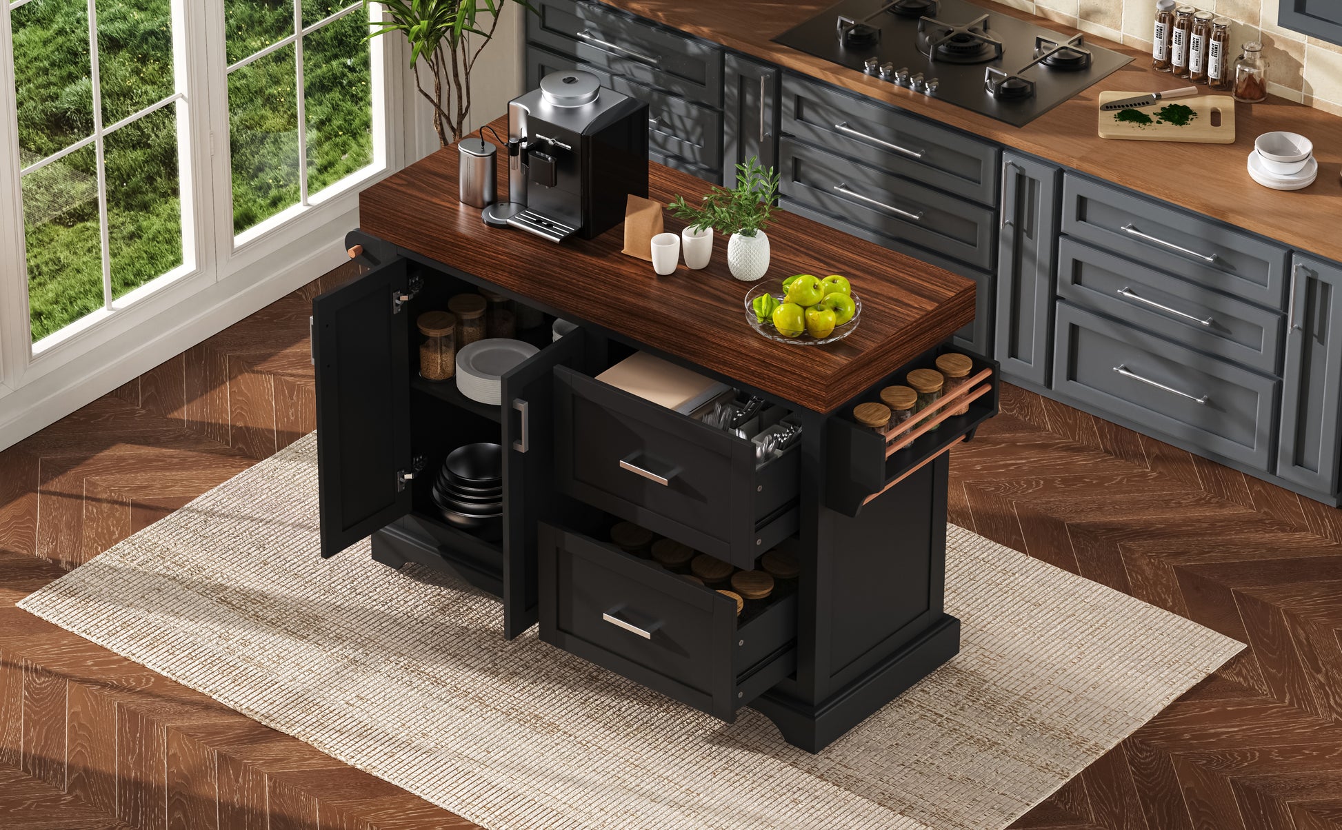 K&K 53" Kitchen Island - Black Rolling Storage Cart