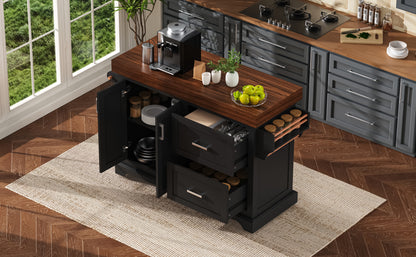 K&K 53" Kitchen Island - Black Rolling Storage Cart