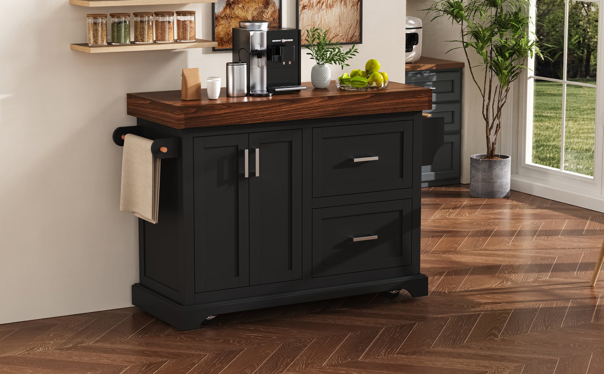 K&K 53" Kitchen Island - Black Rolling Storage Cart