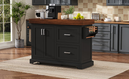 K&K 53" Kitchen Island - Black Rolling Storage Cart