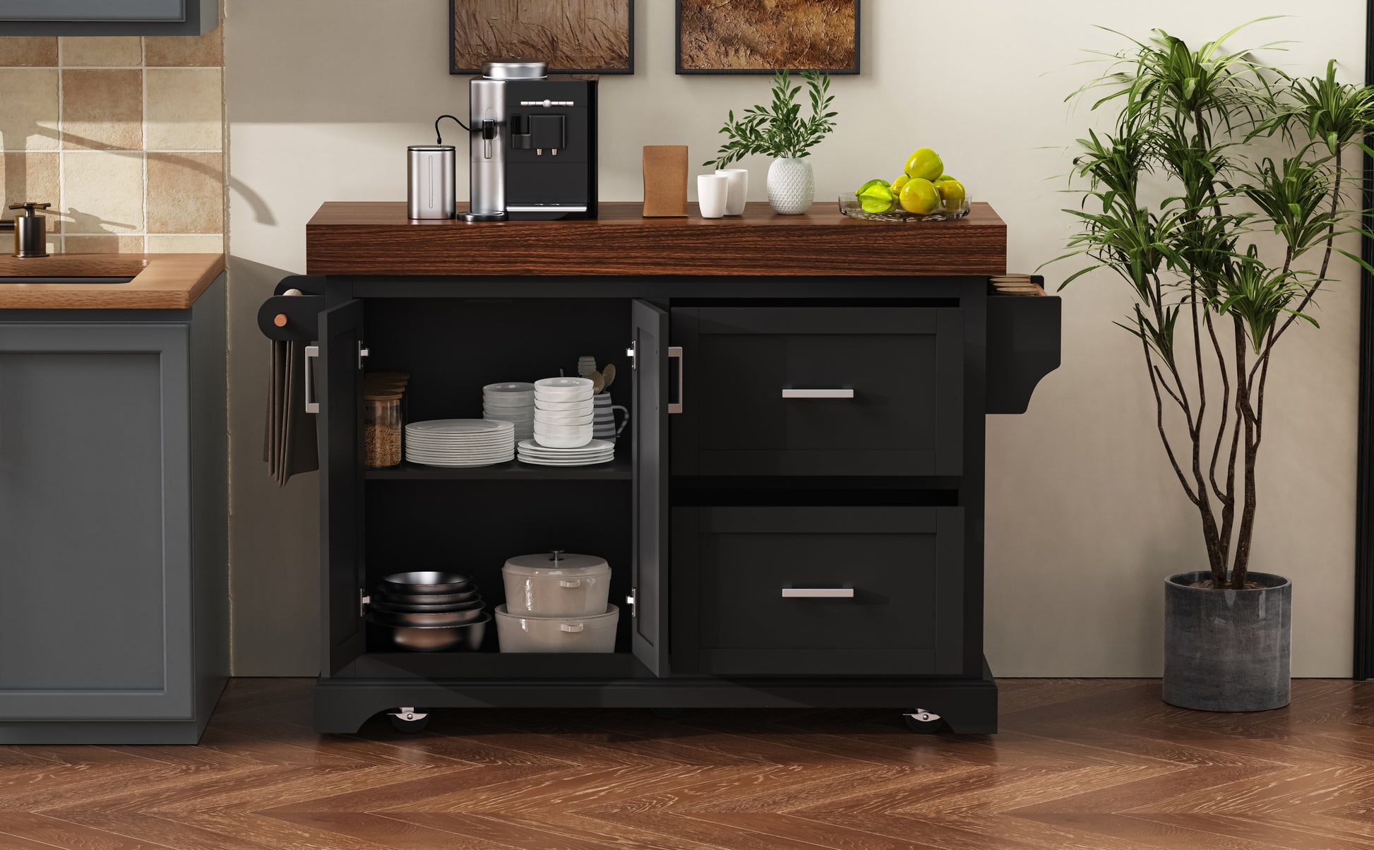 K&K 53" Kitchen Island - Black Rolling Storage Cart