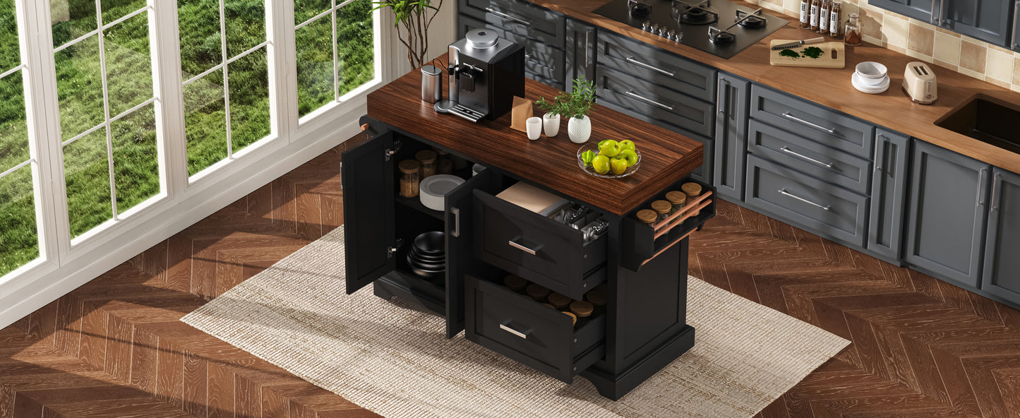 K&K 53" Kitchen Island - Black Rolling Storage Cart
