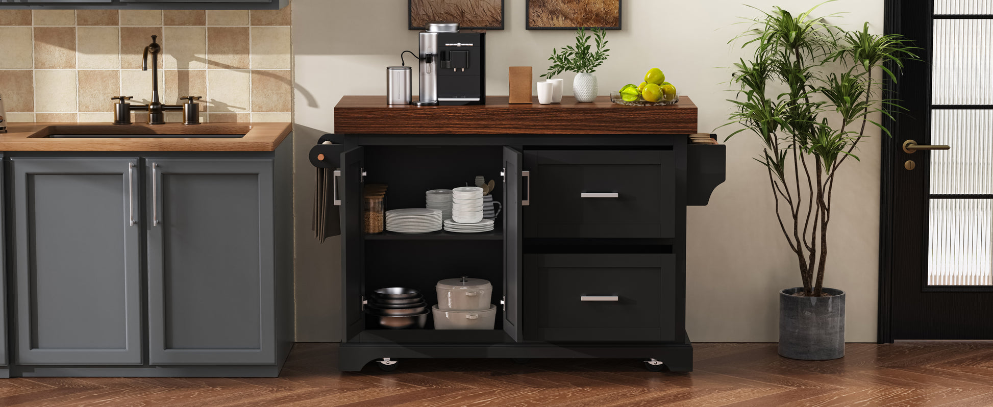 K&K 53" Kitchen Island - Black Rolling Storage Cart