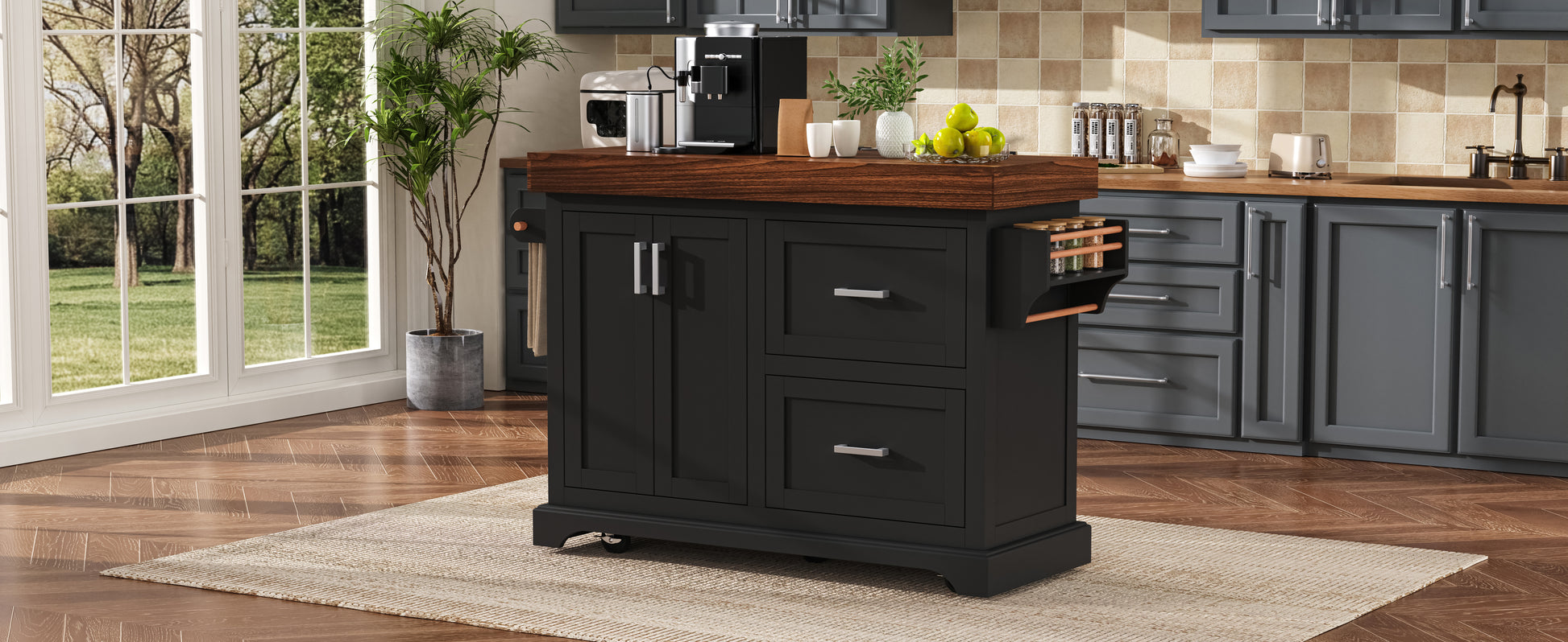 K&K 53" Kitchen Island - Black Rolling Storage Cart