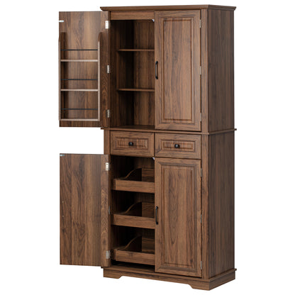 Brown Walnut Tall Pantry Cabinet with 6 Door Storage and Pull-Out Organizers