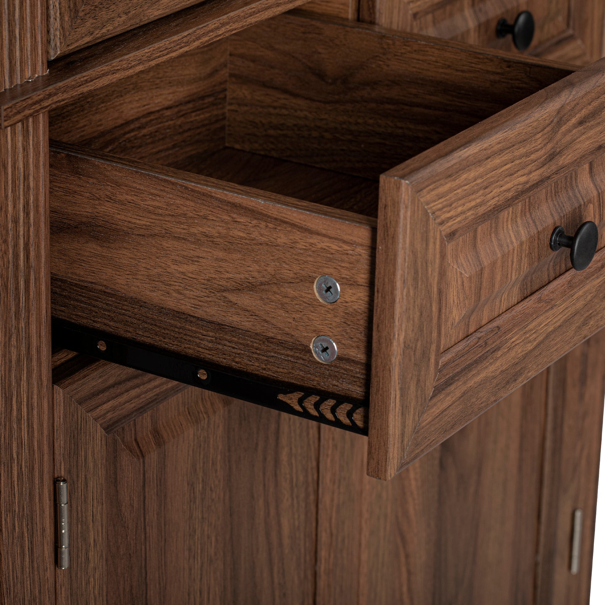 Brown Walnut Tall Pantry Cabinet with 6 Door Storage and Pull-Out Organizers