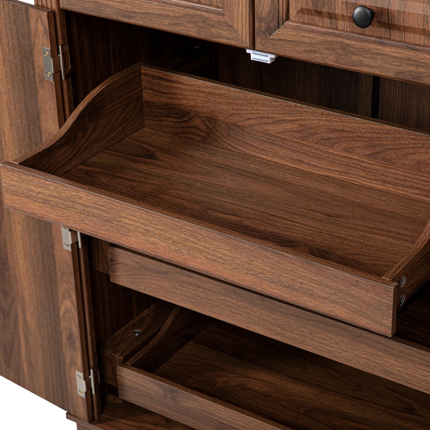 Brown Walnut Tall Pantry Cabinet with 6 Door Storage and Pull-Out Organizers