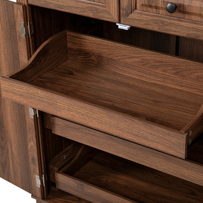 Brown Walnut Tall Pantry Cabinet with 6 Door Storage and Pull-Out Organizers