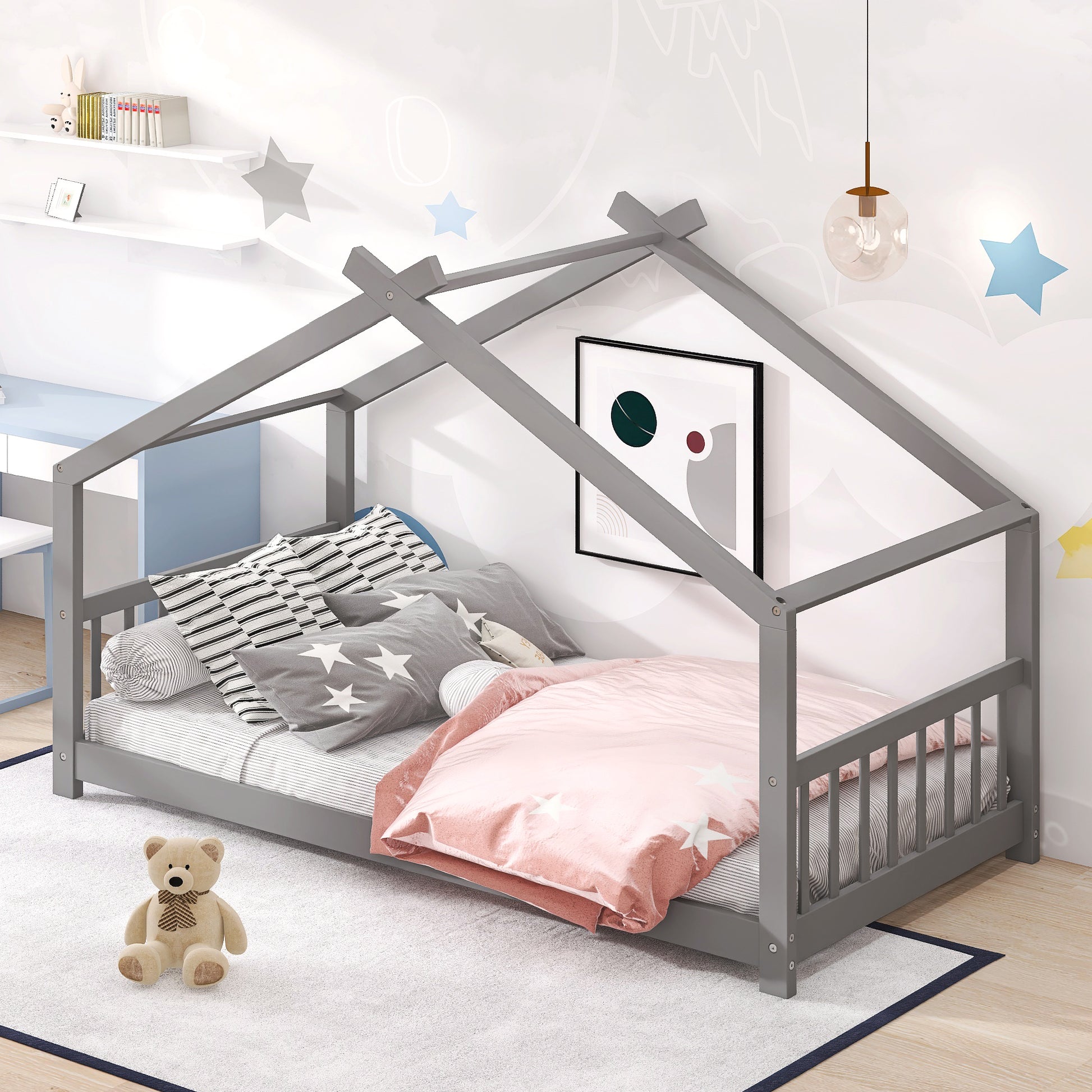 Twin Size House Bed Wood Bed, Gray(OLD SKU:WF282521AAE)