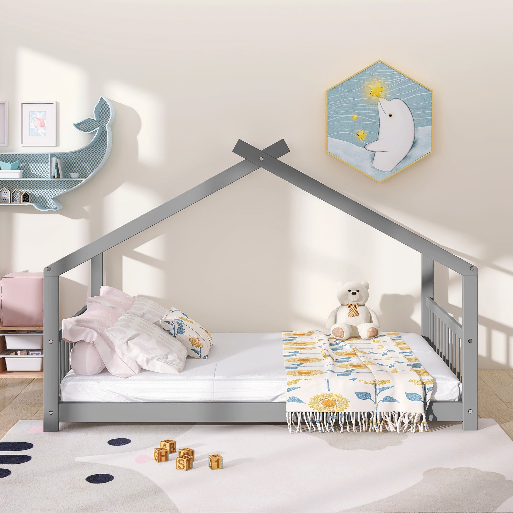 Full Size House Bed - Gray Wood Frame, Kids Bedroom Furniture