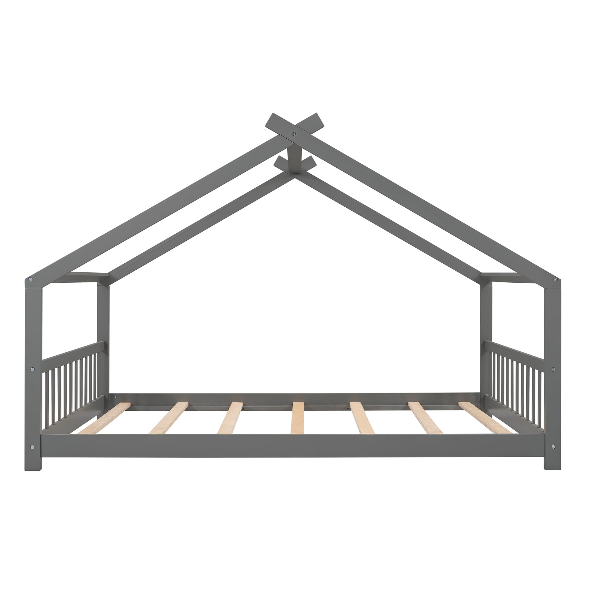 Full Size House Bed - Gray Wood Frame, Kids Bedroom Furniture