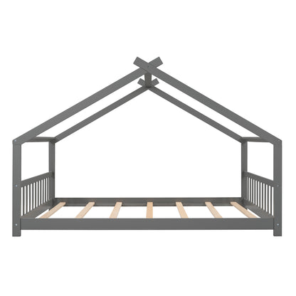 Full Size House Bed - Gray Wood Frame, Kids Bedroom Furniture