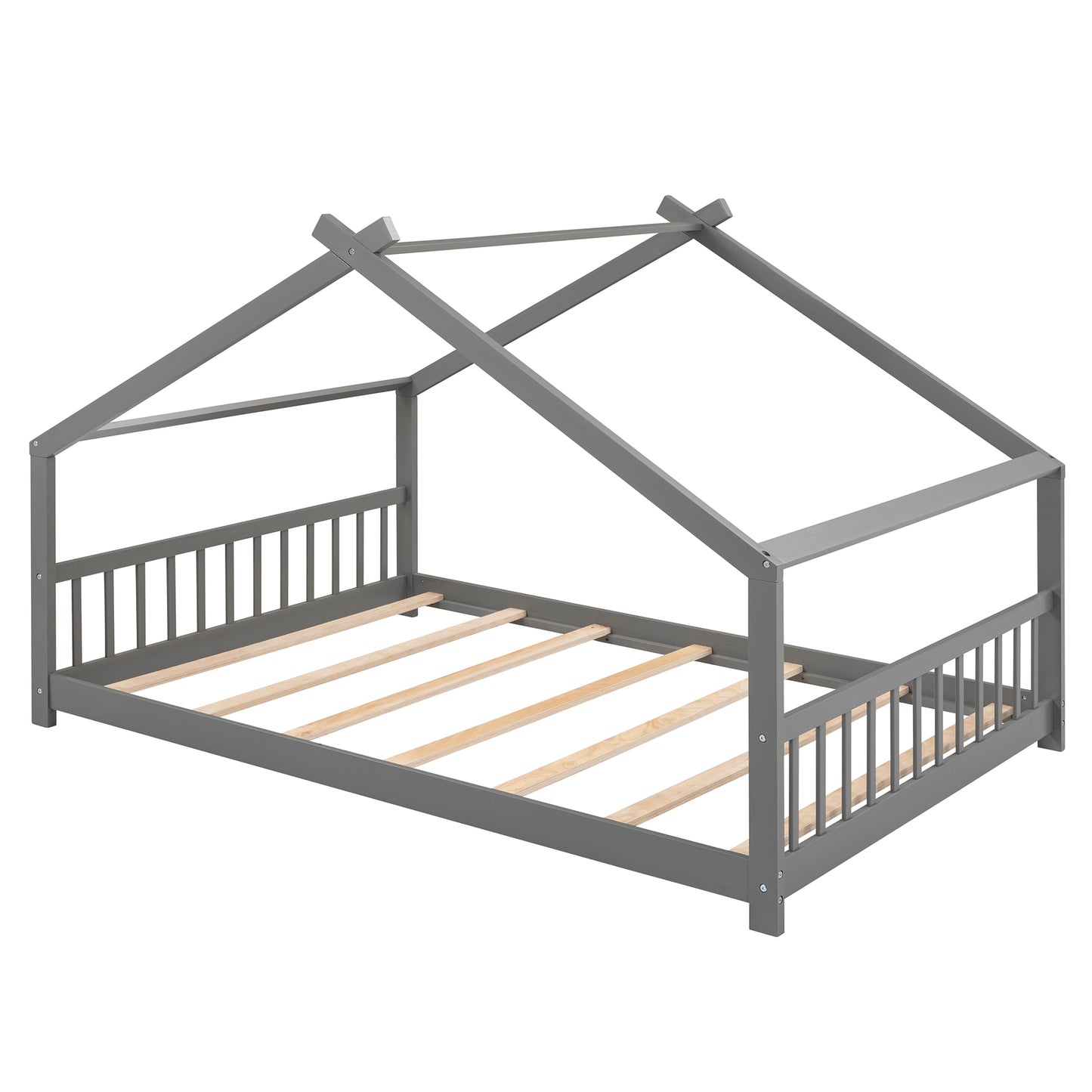 Full Size House Bed - Gray Wood Frame, Kids Bedroom Furniture