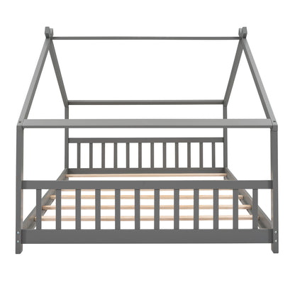 Full Size House Bed - Gray Wood Frame, Kids Bedroom Furniture