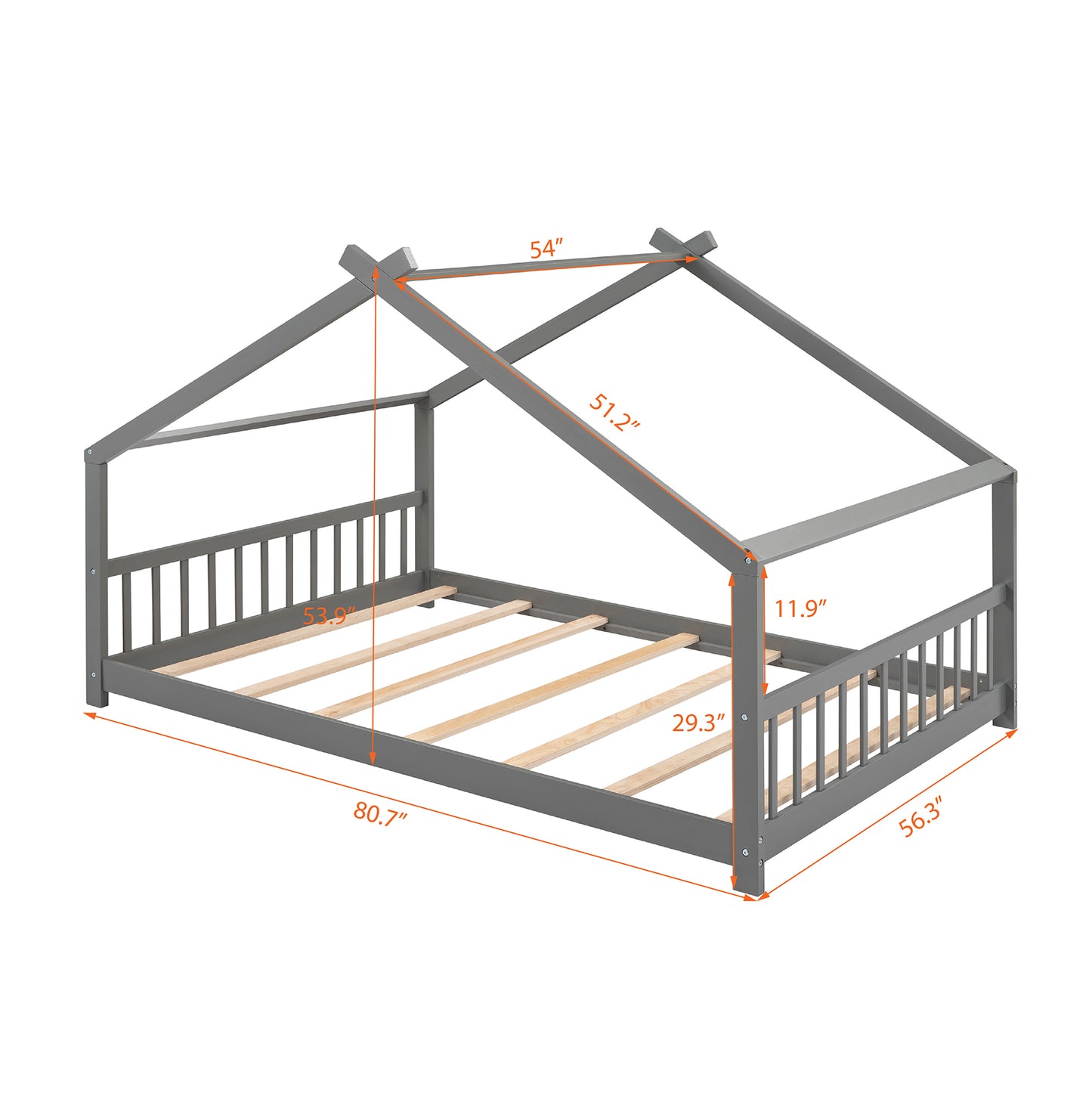 Full Size House Bed - Gray Wood Frame, Kids Bedroom Furniture