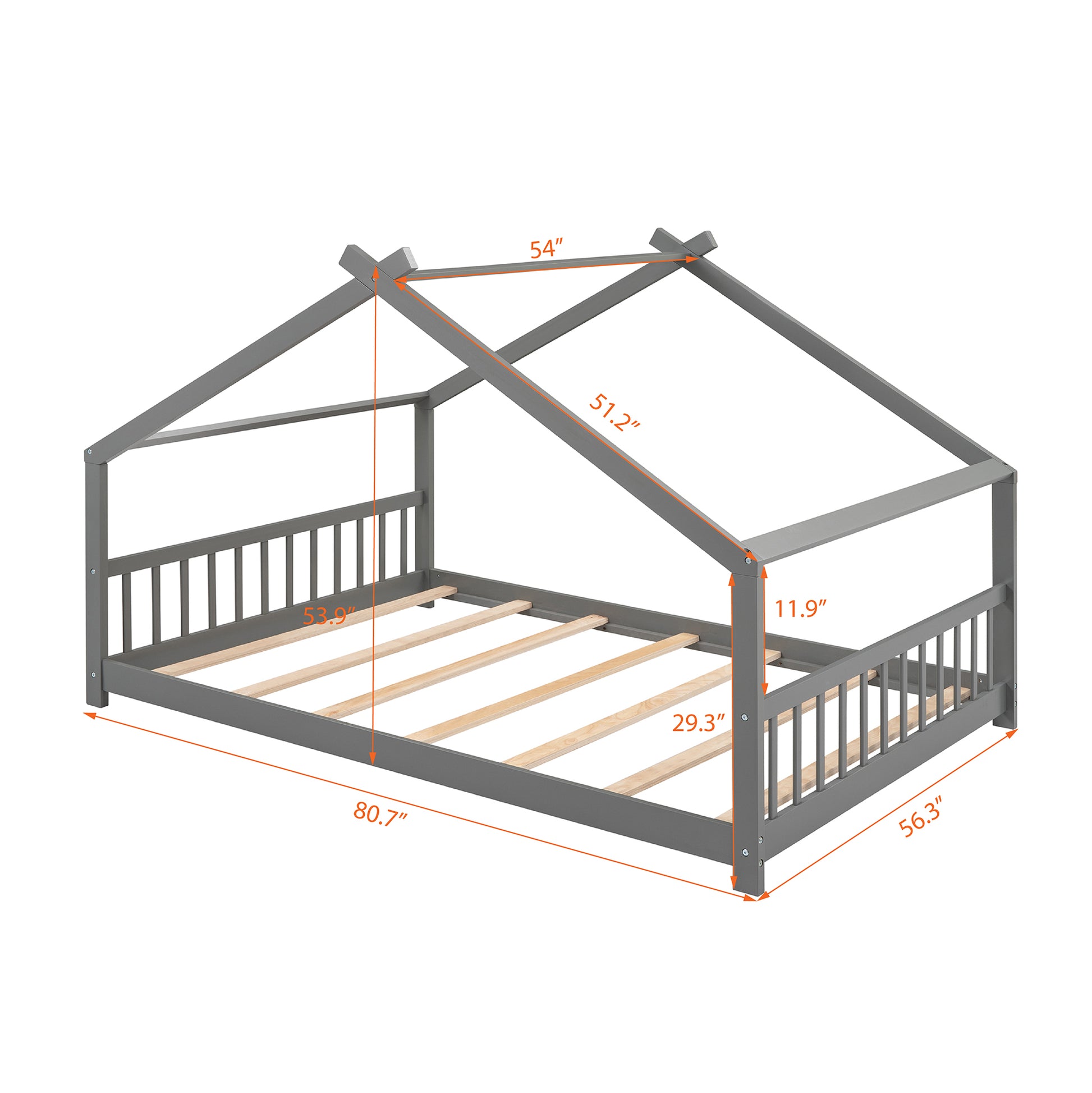 Full Size House Bed - Gray Wood Frame, Kids Bedroom Furniture