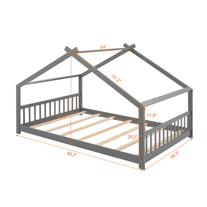 Full Size House Bed - Gray Wood Frame, Kids Bedroom Furniture